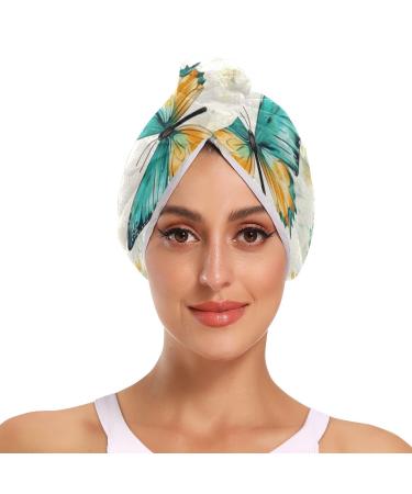 Summer Teal Gold Butterflies Hair Towel 2 Pack Super Absorbent Hair Drying Towel Quick Dry Hair Turbans Head Towel with Button Twisty Wrap for Women Girls