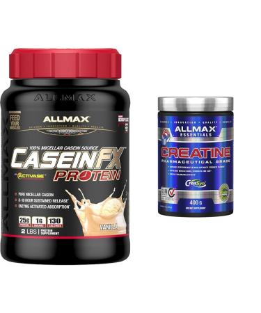 ALLMAX CASEIN-FX Vanilla 2lb & Creatine Monohydrate Micronized Creatine Powder for Strength and Muscle Recovery Gluten Free & Fast Absorbing 400g