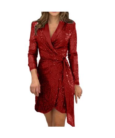 Hanxiulin ladies dress winter sexy glitter dress V neckline party dress women tight clothes sexy dresses evening dress bodycon dress watermelon red xxl