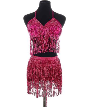 Zoestar Sequin Hip Scarf with Bra Top Dance Costume - Rose Red - Buy Online on GoSupps.com