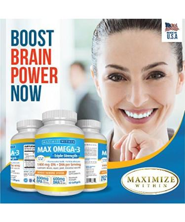 Maximum Slim Max Omega 3 Fish Oil Pills - Triple Strength Fish Oil Supplement (2000 mg Total Omega 3 Fatty Acids: 600mg DHA + 800 mg EPA per Serving) - Buy Online on GoSupps.com