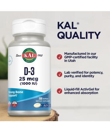 KAL Vitamin D3 1000 IU Softgels - Active Form for Bone Health & Immune Support - 200 Servings - Buy Online on GoSupps.com
