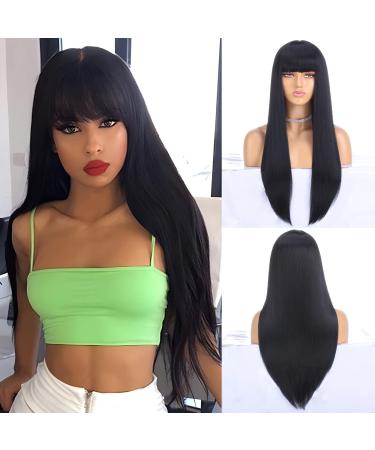 Beverlee 26 Inch Long Straight Wig With Bangs Heat Resistant Synthetic Wig for Women Natural Black Wig Party Everyday Use For Fashion Women A-Natural Black