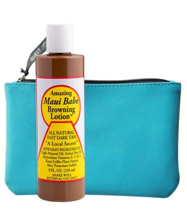 Maui Babe Tanning Browning Lotion - Outdoor Tanning Lotion 8oz With Blue Makeup Bag - Amazing Maui Babe Suntan Lotion Kit - Hawaiian Dark Tanning Formula Sun Tanning Lotion