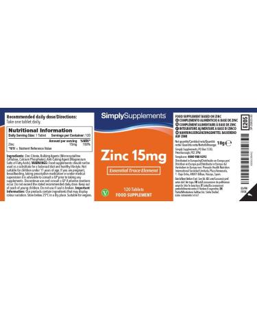 Zinc 15mg - 120 Tablets - Vegetarian Friendly - Up to 4 Months Benefits - SimplySupplements - Buy Online on GoSupps.com