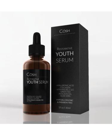 Restorative Youth Serum Anti Aging Anti Wrinkle Topical Vitamin C Facial Serum with Hyaluronic Acid Collagen Aloe Vera Vitamin B5 & E 1 fl oz.