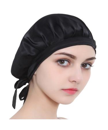 Silk Sleeping Cap for Women & Girls Long Hair Bonnet Smooth Soft Hair Care Hat  Many Colors (Black)