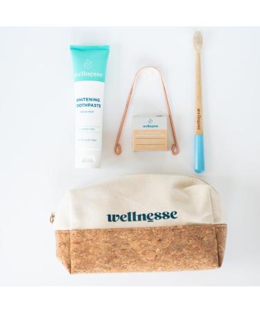 Wellnesse Essential Travel Oral Care Set - Compact Toothbrush Kit with Hydroxyapatite Toothpaste - Adult Toothbrush with Copper Tongue Scraper - Eco-Friendly Cork - Cotton Travel Pouch - Mint Flavor