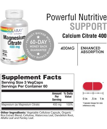 Solaray Magnesium Citrate 400 mg - 180 Vegan Caps for Healthy Muscle & Nerve Function - Buy Online on GoSupps.com