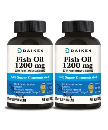 DAIKEN Mini Fish Oil 1200 mg rTG Omega 3 1000mg 60 Softgels High Absorption & Burpless Fish Oil for Healthy Heart Brain and Dry Eyes Support (Pack of 2) NEW 60 Count (Pack of 2)