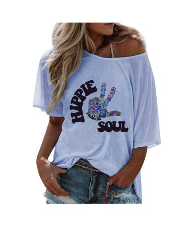 Ppanguding women Good T-Shirt Summer Mode Off Shoulder Rainbow Bring on the Sunshine Pattern Shirt Shirt Short Arms Tops Blouse Graphics Print Tea Tops L Blue