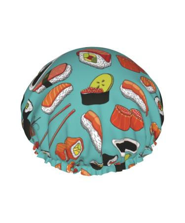 Sushi Pattern Kawaii Japanese-Style Shower Cap Women Reusable Long Hair Caps With Elastic Band Double Layer Bathing Shower Hat For Adults Kids