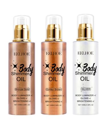 Shimmer Body Oil 3 PCS Body Glitter Set Long Lasting Hair Luminizer Face Brighten Shimmer Oil Body Glow Oil Perfect for Festivals(Golden brown glitter silver white gold copper)