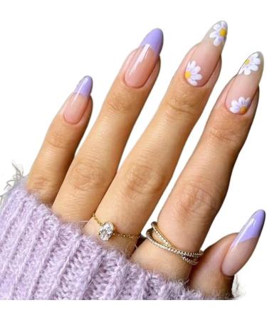 24 Pieces Fresh Floral Almond Fake Nail Press Nail Removable Fake Nail Tip Purple Band Design Nail Art Patch (Color : 09) - Buy Online on GoSupps.com