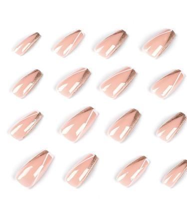 FOAMEE Medium Nude Coffin Fake Nails with Sequins Designs - Acrylic Glossy False Nails for Women - Buy Online on GoSupps.com
