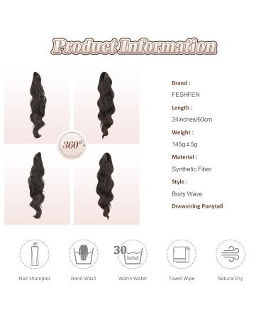 Feshfen 60cm Ponytail Hair Extension - Wavy Curly Synthetic Hairpiece for Women | Black to Brown Gradient - Buy Online on GoSupps.com