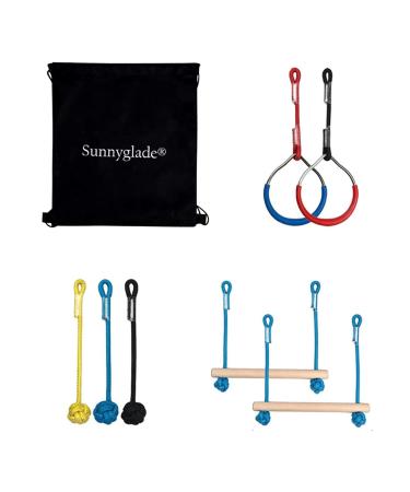Sunnyglade Backyard Ninja Line Hanging Obstacle Course/Slackers Ninja Line Accessories for Kids - 40ft Slackline Kit with 2 Bars, 3 Fists & 2Rings (Obstacle Course Ninja Line) Ninja Slackline Accessories