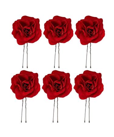 6pcs Wedding Updo Hairpins Red Rose Hair Sticks U-shaped Hair Chopsticks for Bride Bridesmaid