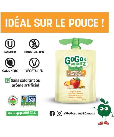 GoGo squeeZ Organic+ Fruit Sauce Apple Mango Pineapple Banana No Sugar Added. 90g per pouch pack of 48 Apple Mango Pineapple Banana 48 x 90g - Buy Online on GoSupps.com