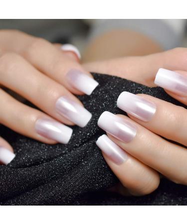 EchiQ Pearl Shine Glossy Fake Nails - Shimmer White Square French Ombre Gradient Faux Ongles Medium Fingernails - Buy Online on GoSupps.com