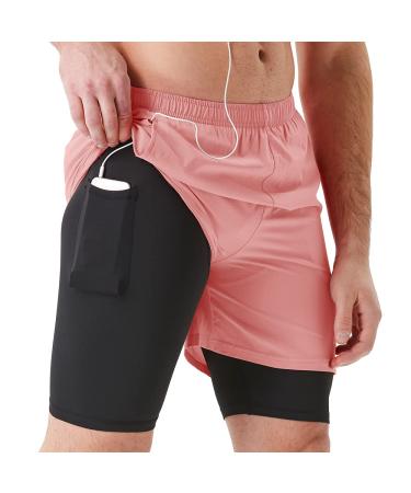 TENJOY Men's 2 in 1 Running Shorts 5" Quick Dry Gym Athletic Workout Shorts for Men with Phone Pockets Light Pink Medium