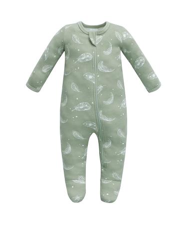 Owlivia Organic Cotton Baby Boy Girl Zip Front Sleep 'N Play Footed Baby Sleepwear Long Sleeve Pyjamas from Newborn to 18months 3-6 Months Feather