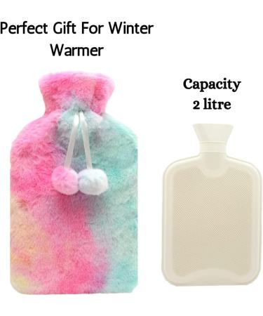 Olivia Rocco Rainbow Tie Dye Faux Fur Hot Water Bottle with Pom Poms - Thermotherapy Plush Fleece Hand & Feet Warmer for Pain Relief - Winter Gift - Buy Online on GoSupps.com
