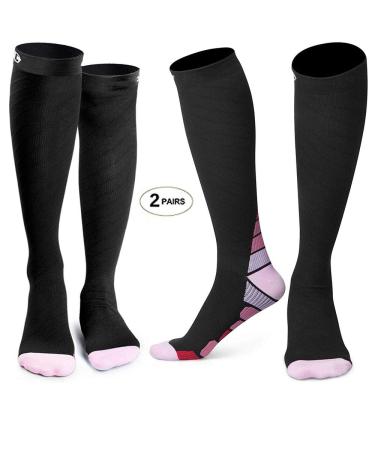ZLYJ 2 Pairs Compression Socks for Men and Women Sports Knee High Socks for Travel and Ankle Protection Pink S
