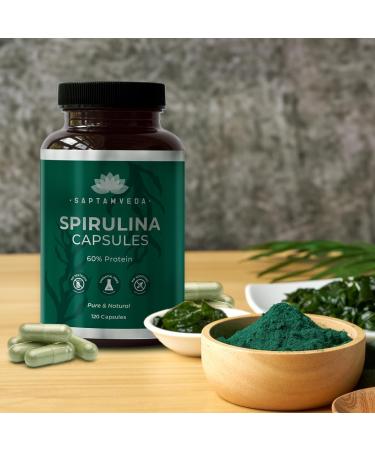 Saptamved Natural Spirulina Capsules 2000mg (120 Capsules) - Plant-Based Superfood Supplement for Men and Women | Rich in Protein Vitamins & Antioxidants | Supports Immune System and Overall Wellness - Buy Online on GoSupps.com