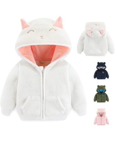 Newborn Infant Baby Boys Girls Cartoon Fleece Hooded Jacket Coat with Ears Warm Todder Kids Outwear Coat Zipper Up 0-6Y 12-18 Months White