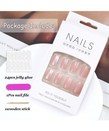24Pcs Short Square Fake Nails Pink White Glitter Full Cover Glossy Stick on Nails for Women - Style 5 - Buy Online on GoSupps.com