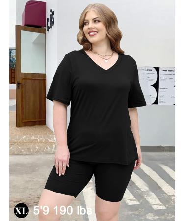 AGSEEM Women's Summer Two Piece Outfit Set: V-Neck T-Shirt Top & Biker Shorts | Workout Sports Tracksuit - Black (Medium) - Buy Online on GoSupps.com