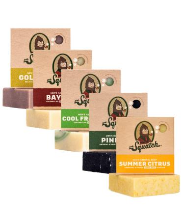 Dr. Squatch All Natural Bar Soap for Men 5 Bar Variety Pack - Summer Citrus Cool Fresh Aloe Gold Moss Bay Rum and Pine Tar Citrus/Cool Aloe Fresh/Gold Mosh/Bay Rum/Pine Tar