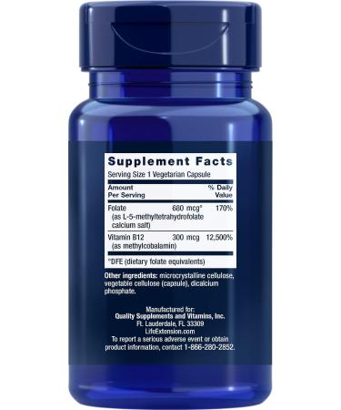 Life Extension BioActive Folate & Vitamin B12 150 Vegetarian Capsules - B-9 Methyl Folic Acid & B-12 Cofactor Veg Caps - Non GMO, Gluten Free, Supports Mood & Methylation - 150 Count - Buy Online on GoSupps.com