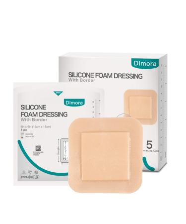 Silicone Foam Dressing 6'' x 6''(4.3" X 4.3" pad) Sacrum Wounds Waterproof Wound Dressing with Gentle Border High Absorbency Foam Bandages Silicone Self-Adhesive Patches 5 Pack 6"x6" (5 Dressings)