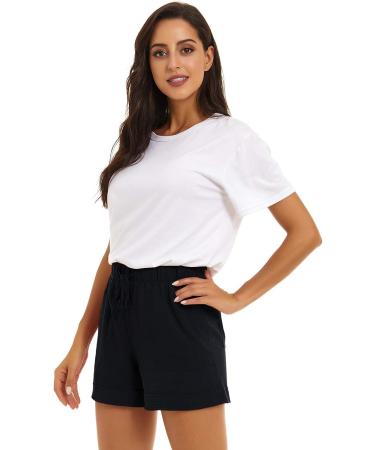 KINGFEN Women's Drawstring Cotton Shorts with Elastic Waist & Pockets - Black, Size Medium - Buy Online on GoSupps.com