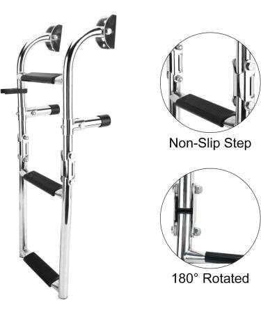 YaeMarine Stainless Steel 3 Step Folding Boat Ladder - Transom Foldable Stern Ladder with Mounting Screws (7101S) - Buy Online on GoSupps.com
