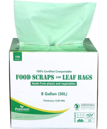 ProGreen 8 Gallon Compostable Bags - 100 Count, Extra Thick 0.85 Mil, Small Kitchen Trash Bags for Food Scraps & Yard Waste - ASTM D6400 BPI & TUV Austria Certified - Buy Online on GoSupps.com