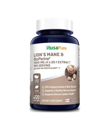 NusaPure Lions Mane 20:1 Extract (20 000 mg Equivalent) - Made with Organic Lion s Mane and Bioperine - 30% Polysaccharides - 120 Veggie Caps. Non-GMO & Gluten Free