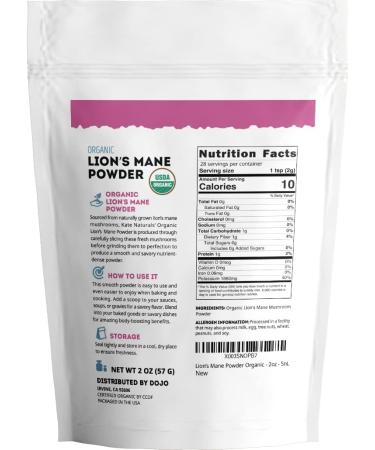 Organic Kate Naturals Lion's Mane Powder - Immune Support for Clarity & Focus | 28 Servings, Gluten-Free, 2oz Resealable Bag - Buy Online on GoSupps.com