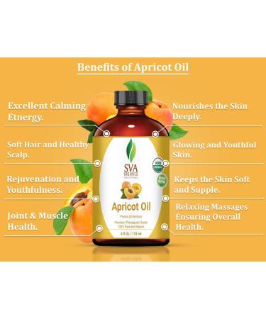 SVA ORGANICS Apricot Oil 4 Oz - USDA Organic, 100% Pure Cold Pressed Carrier Oil for Skin, Hair, Body - Premium Therapeutic Grade Oil - Buy Online on GoSupps.com