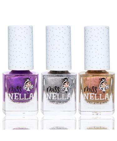 Miss Nella Space and Beyond Nail Polish Set - 3 Kids' Peel-Off Water-Based Colors: Gold Siber Galactic Violet - Odorless & Safe for Children - Buy Online on GoSupps.com