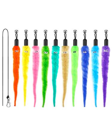 MeoHui Cat Wand Toys Refills, Cat Feather Toys Accessories, 10PCS Squiggly Worms Replacements and 1PC Replacement String for Cat Fishing Pole, Assorted Teaser Refills with Bell for Indoor Cats Kitten Worms Refills