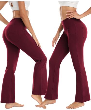 High Waist Bootcut Yoga Pants with Pockets - Burgundy, Small - Buy Online on GoSupps.com