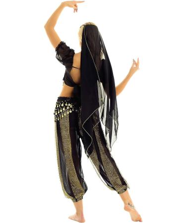 Moily Women's Indian Belly Dance Costume Set - Lantern Sleeves Coins Tops, Harem Pants, Hip Scarf - Black, One Size - Buy Online on GoSupps.com