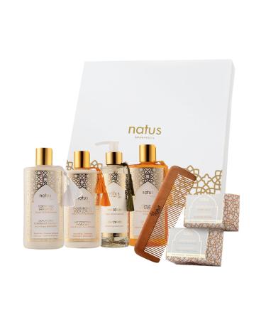 Women's Argan Oil Beauty Set - Shampoo Shower Gel Hair Serum Body Lotion & Wooden Comb - Nourishing & Energizing Routine - All Hair/Skin Types - Vegan Cruelty-Free