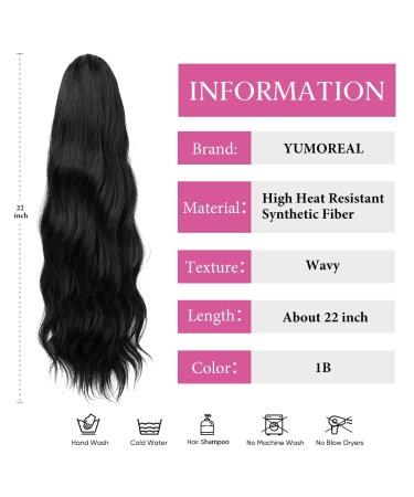 YUMOREAL Black Wavy Drawstring Ponytail Extension 22 Inch - Synthetic Heat-Resistant Fiber Hairpiece for Women - 1B (Natural Black) - Stylish and Versatile - Buy Online on GoSupps.com