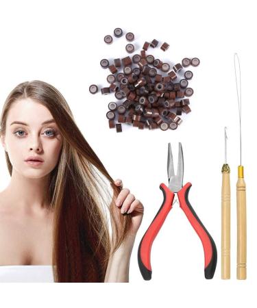 100 PCS Silicone Beads Hair Extension Micro Rings + Hook Needle + Pulling Loop + Plier Tool Kit