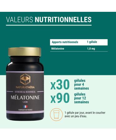 Naturathera Melatonin 1.8MG Strong Dosage Food Supplement Night Alarm Insomnia Difficulties to Sleep 30 Capsules Made in France Vegan No GMO Allergen Additives - Buy Online on GoSupps.com