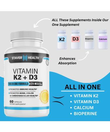 Staver Health Vitamin K2 D3 w/Calcium and Bioperine Vitamin K2 (MK7) with D3 Supplement Non-GMO Vitamin D3 Vitamin K2 MK-7 Easy to Swallow Vitamin D & K Complex 60 Capsules - Buy Online on GoSupps.com